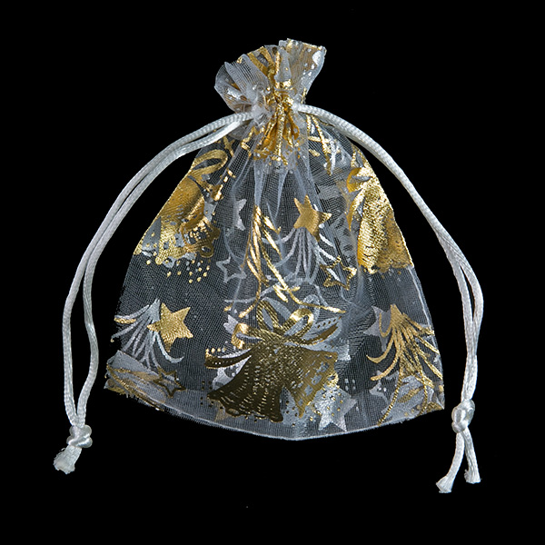Organza zakjes Kerstklokken wit-goud maat 4