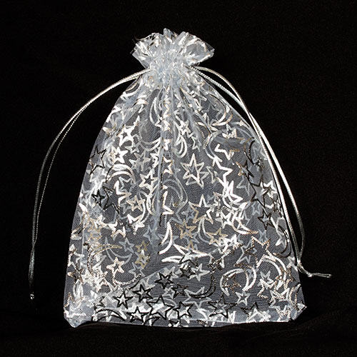 Organza zakjes Kerst ster maan wit zilver groot 6