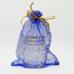 Kerst organza zakjes blauw met gouden krul