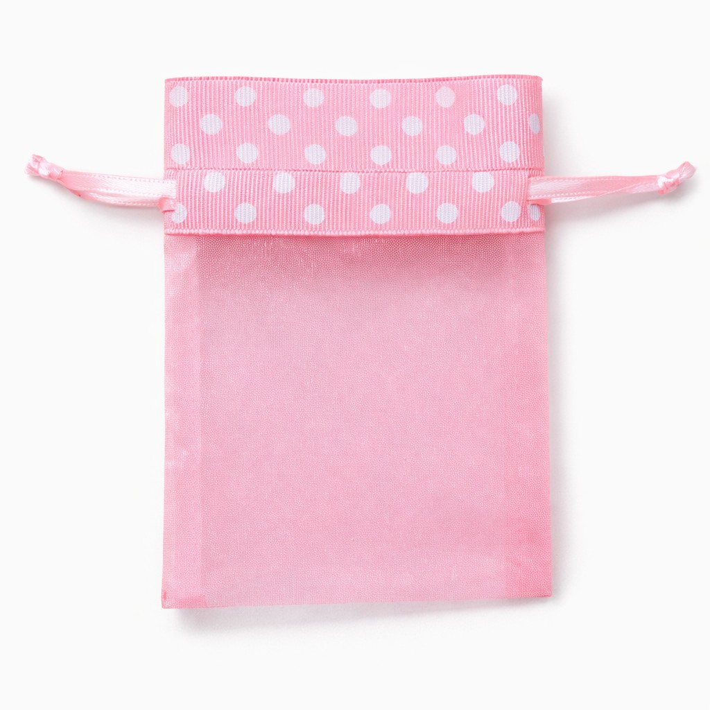 Organza zakje roze met witte stippen maat 3