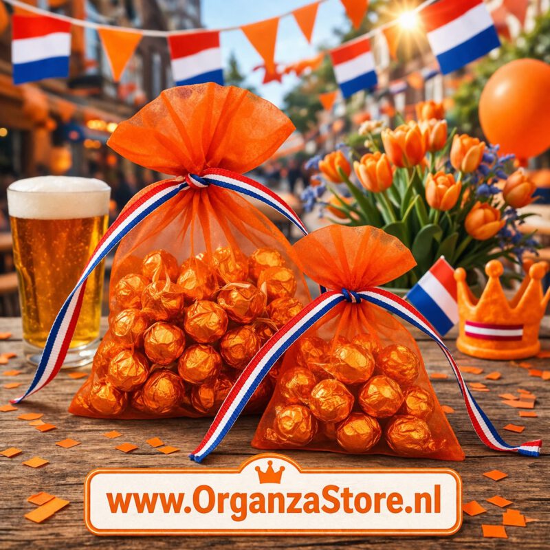 Oranje organza zakjes gevuld met oranje snoepjes, met rood-wit-blauw lint, op een feestelijke Koningsdag tafel met vlaggetjes en decoratie.